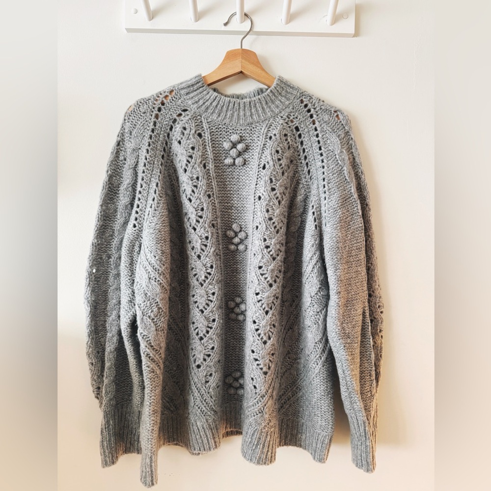 J. Crew Grey Cable-knit Pointelle Sweater with Popcorn Flowers XXL